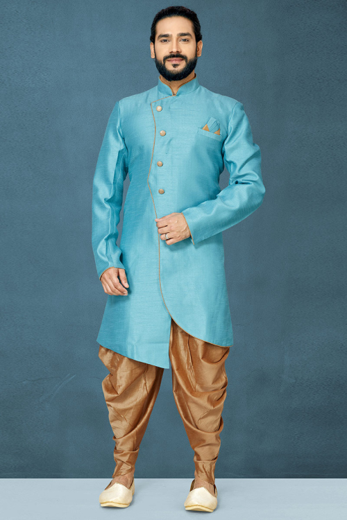 Sky Blue Dupion Silk Plain Sherwani