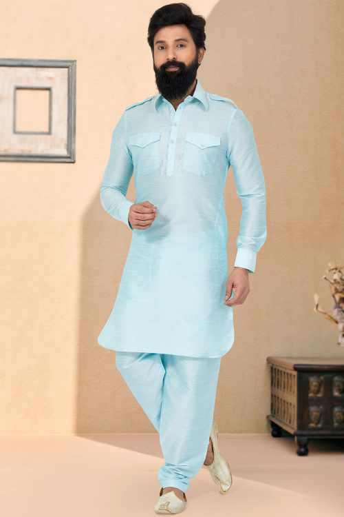 Sky Blue Dupion Silk Straight Cut Men Kurta Pajama