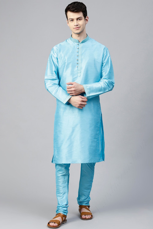 Sky Blue Dupion Silk Straight Cut Men Kurta Pajama for Eid