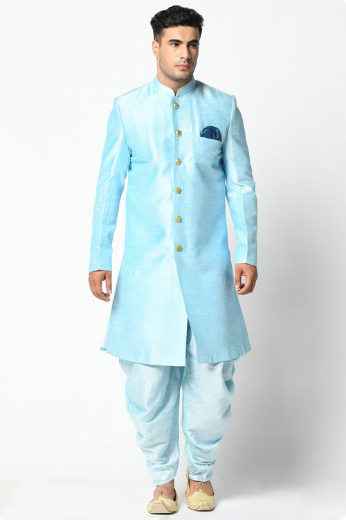 Sky Blue Dupion Silk Straight Cut Men Sherwani for Eid