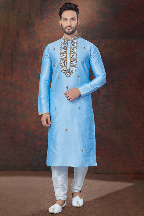 Sky Blue Embroidered Art Silk Straight Cut Men's Kurta Churidar