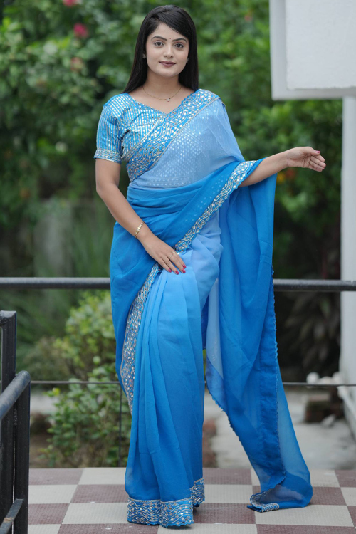 Sky Blue Georgette Printed Light Weight Saree