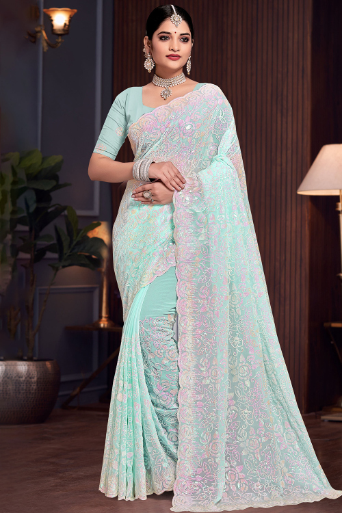 Pastel Blue Georgette Sequins Embroidered Saree