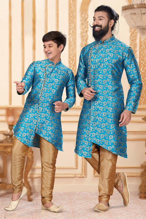 Sky Blue Jacquard Father Son Duo Sherwani
