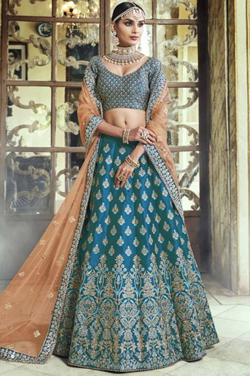 Sky Blue Satin and Silk Lehenga Silk Choli