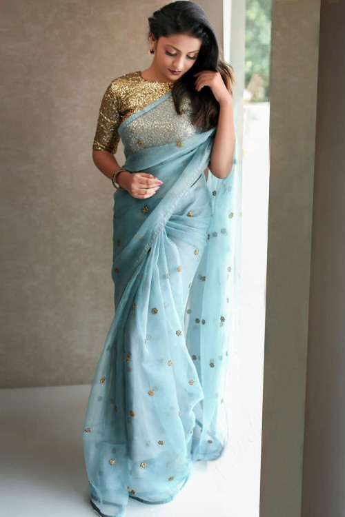 Sky Blue Organza Saree for Eid With Sequins Blouse