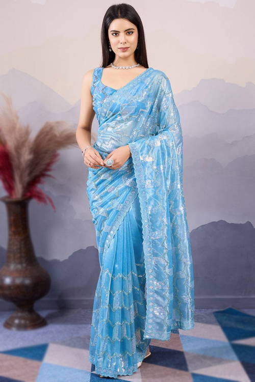 Sky Blue Net Sequins Embroidered Light Weight Saree