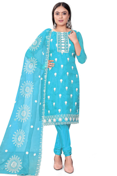 Sky Blue Organza Embroidered Churidar Suit