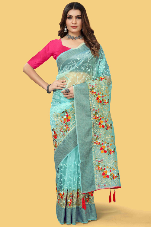 Sky Blue Organza Embroidered Light Weight Saree 
