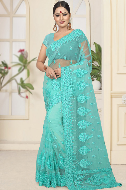 Sky Blue Pearl Embroidered Net Saree For Sangeet 