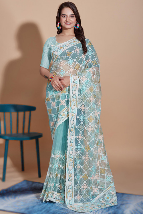 Sky Blue Resham Thread Embroidered Net Lightweight Saree 