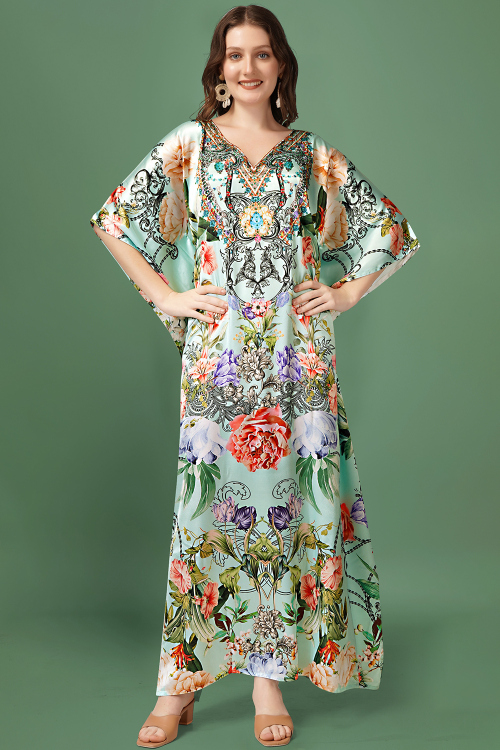 Sky Blue Satin Printed Casual Wear Kaftan Kurti 