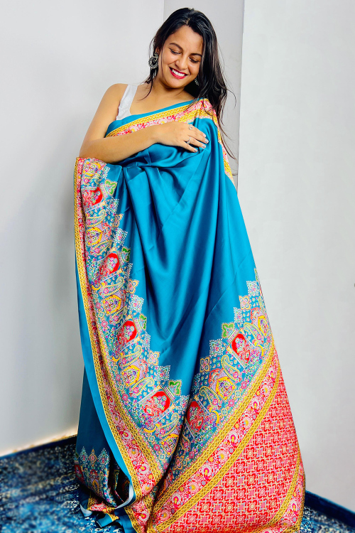 Sky Blue Satin Printed Work Broad Border Saree