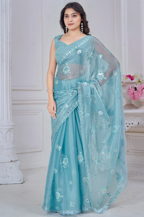 Sky Blue Shimmer Organza Saree With Mirror Work For Diwali