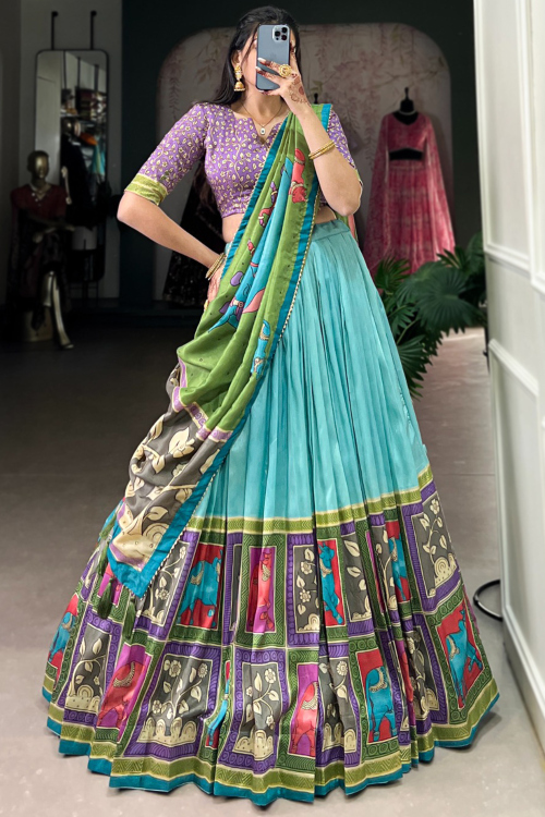 Sky Blue Silk Blend Lehenga With Printed Work For Diwali