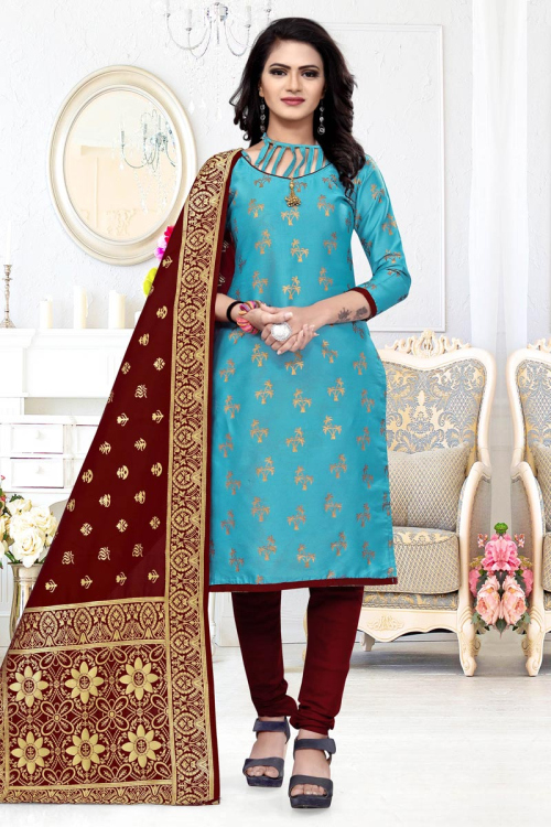 Sky Blue Silk Churidar Suit With Woven Zari Work