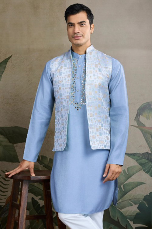 Sky Blue Silk Embroidered Men's Kurta Jacket for Diwali Wear