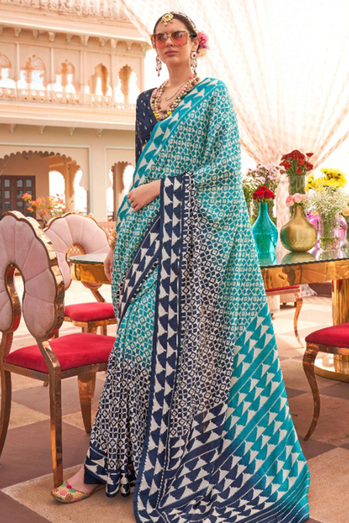 Sky Blue Silk Printed Half And Half Casual Wear Saree 