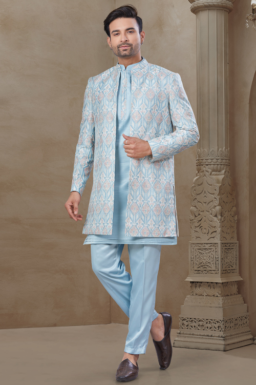 Sky Blue Silk Printed Jacket Style Men's Kurta Pajama 