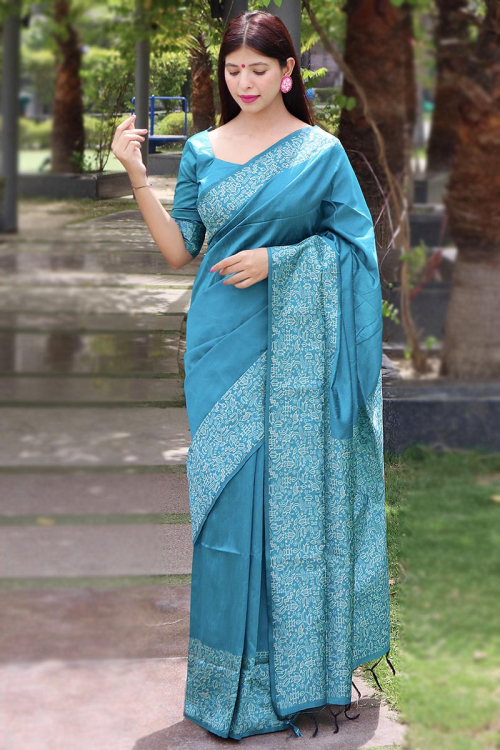Sky Blue Silk Printed Saree