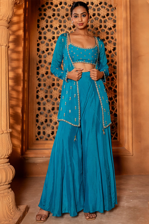 Sky Blue Silk Sharara Suit with Zari Work for Weddings