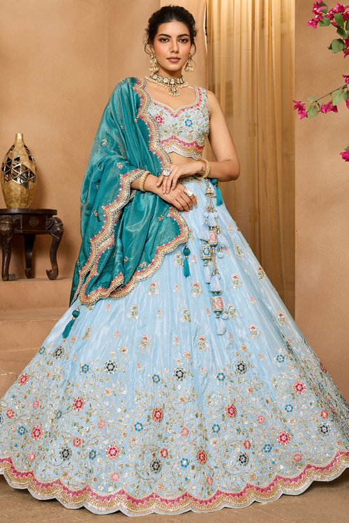 Sky Blue Tissue Resham Thread A Line Lehenga 
