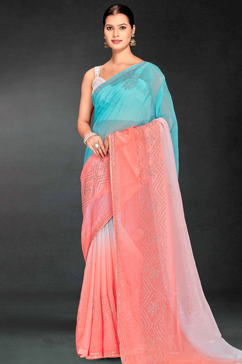 Sky Blue Tissue Saree With Printed Work For Festival