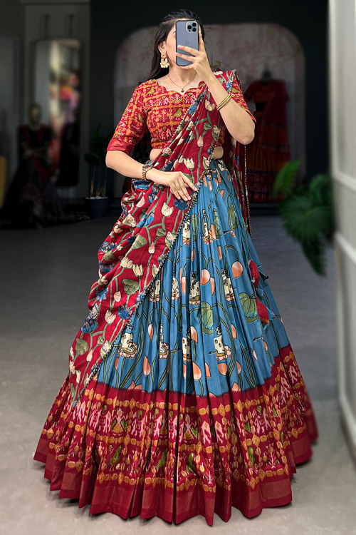 Sky Blue Tussar Silk Printed Flared Style Chaniya Choli