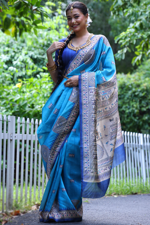 Sky Blue Tussar Silk Warli Print Light Weight Saree