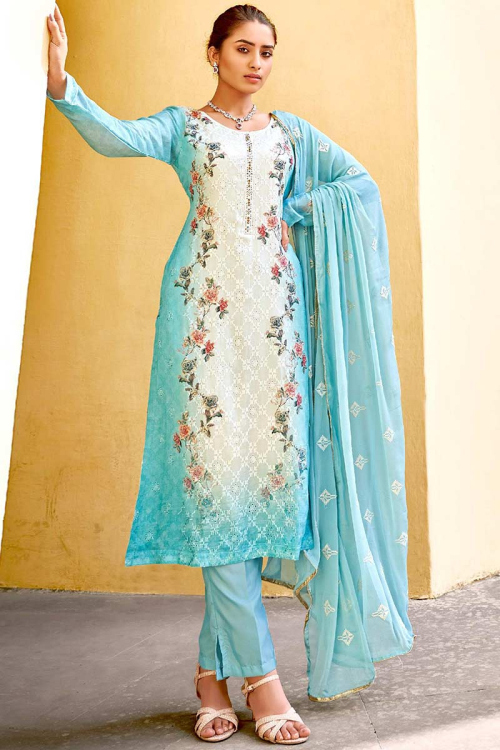 Sky Blue Viscose Straight Cut Trouser Suit