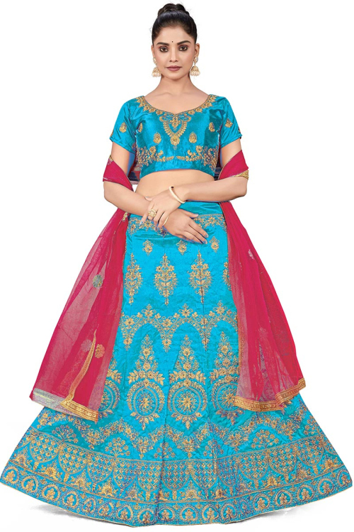 Sky Blue Zari Embroidered Silk Lehenga For Sangeet 