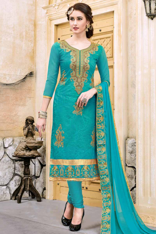 Elegant Cotton Churidar Suit In Persian Green Color 