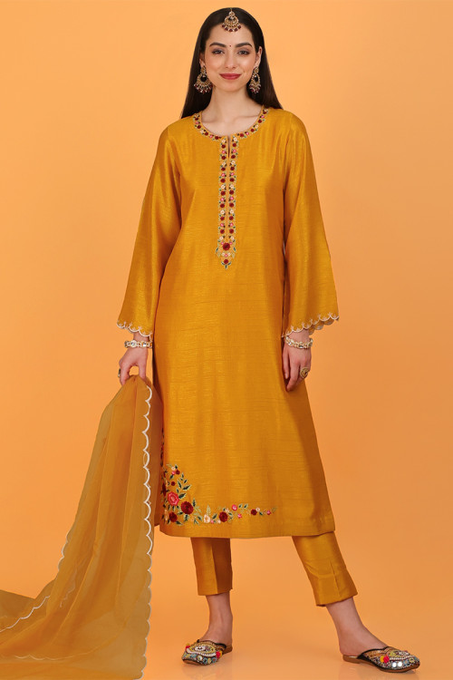 Soft Dupion Silk Turmeric Yellow Embroidered Trouser Suit