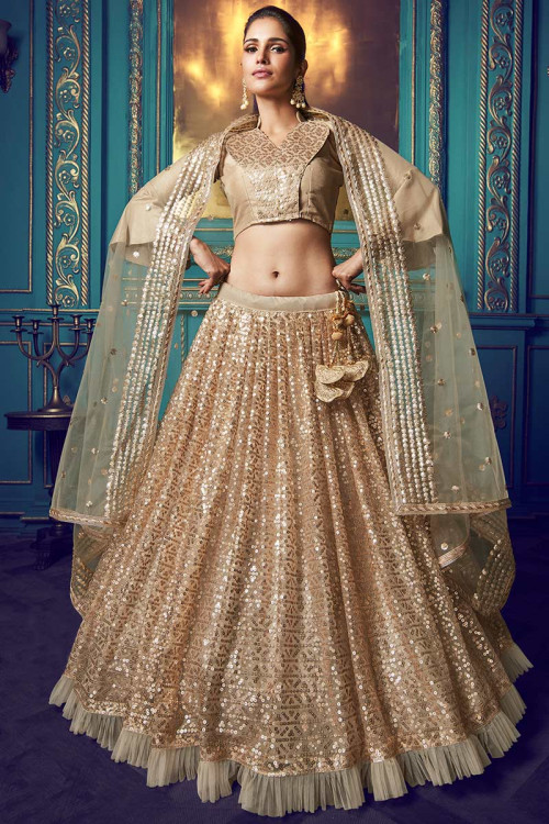 Soft Net Indian Wedding Wear Lehenga Choli In Beige Color