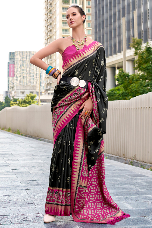 Soft Silk Black Saree With Weaved Work For Weddings