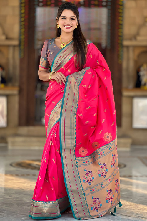 Soft Silk Blush Pink Paithani Saree With Weaved Work