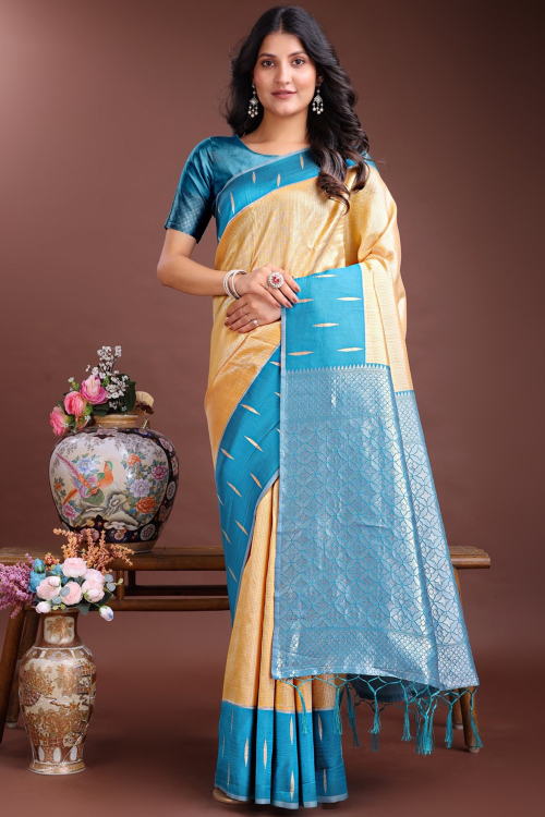 Soft Silk Cream Saree With Weaved Work For Festival 