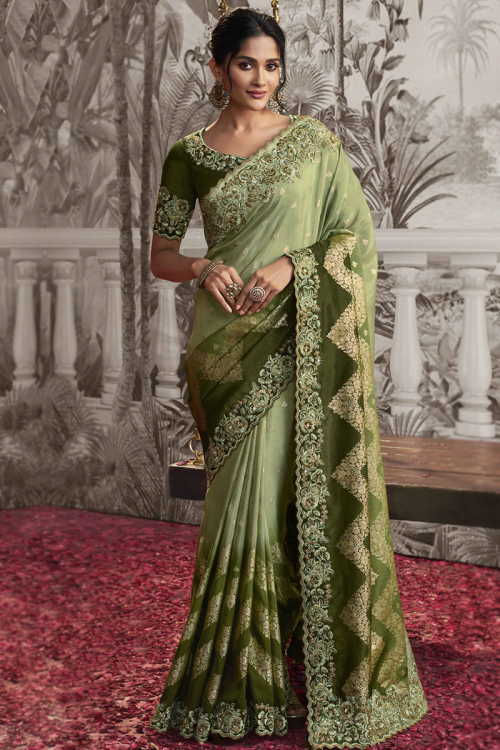 Soft Silk Dori Embroidered Green Ombre Saree