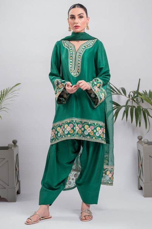 Soft Silk Emerald Green Salwar Suit with Aari Work for Mehndi