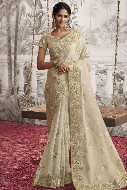 Soft Silk Light Beige Resham Embroidered Heavy Saree
