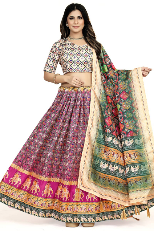 Soft Silk Magenta Pink Flared Style Printed Lehenga