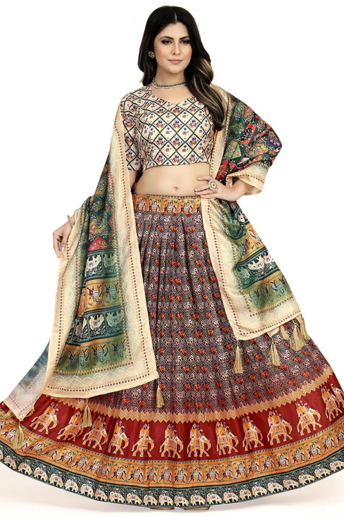 Soft Silk Maroon Flared Style Printed Lehenga