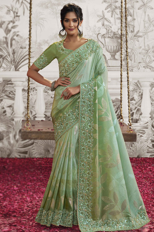 Soft Silk Moss Green Thread Embroidered Heavy Saree