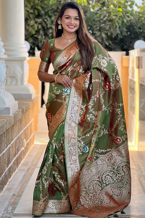 Soft Silk Moss Green Weaved Broad Border Saree