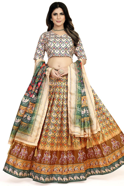 Soft Silk Mustard Yellow Flared Style Printed Lehenga