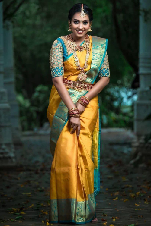 Soft Silk Mustard Yellow Weaved Saree For Weddings 