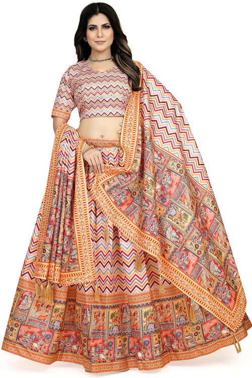 Silk Multi Color Flared Style Printed Lehenga