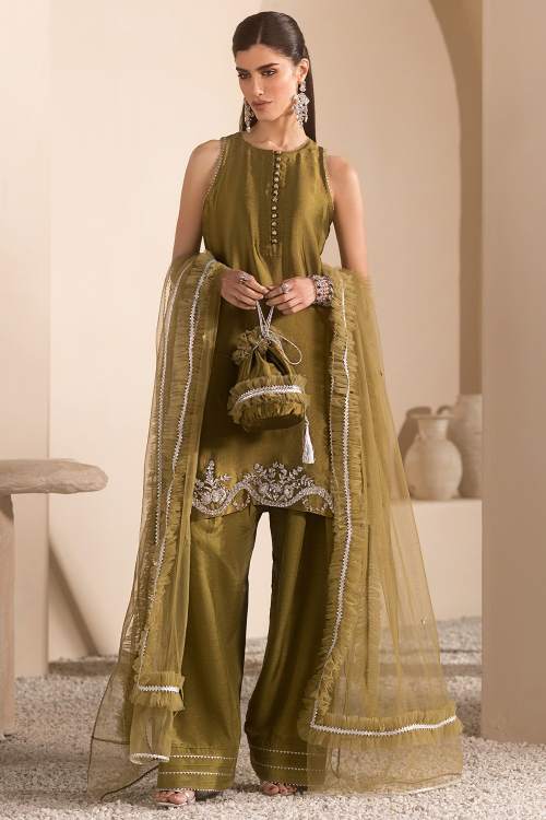 Soft Silk Olive Green Salwar Suit with Zari Work for Mehndi