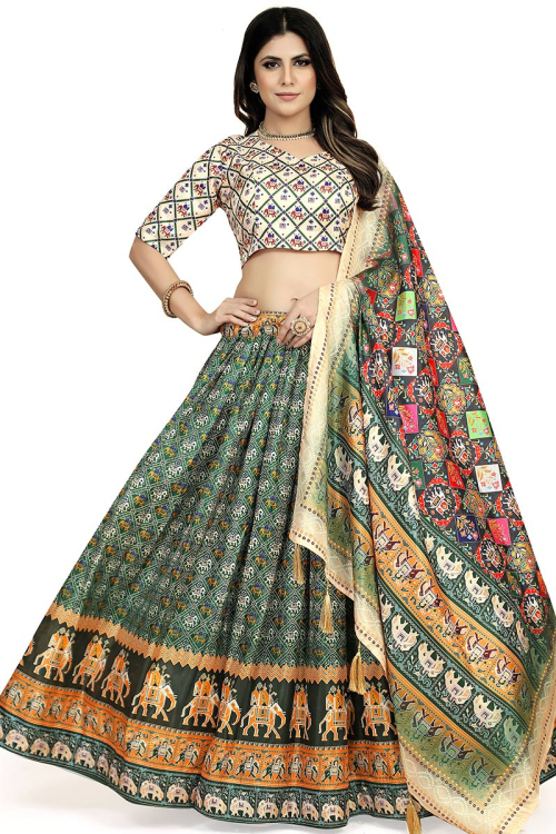 Soft Silk Peacock Green Flared Style Printed Lehenga