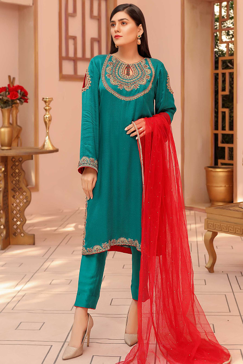 Soft Silk Persian Green Trouser Suit with Dabka Work for Diwali